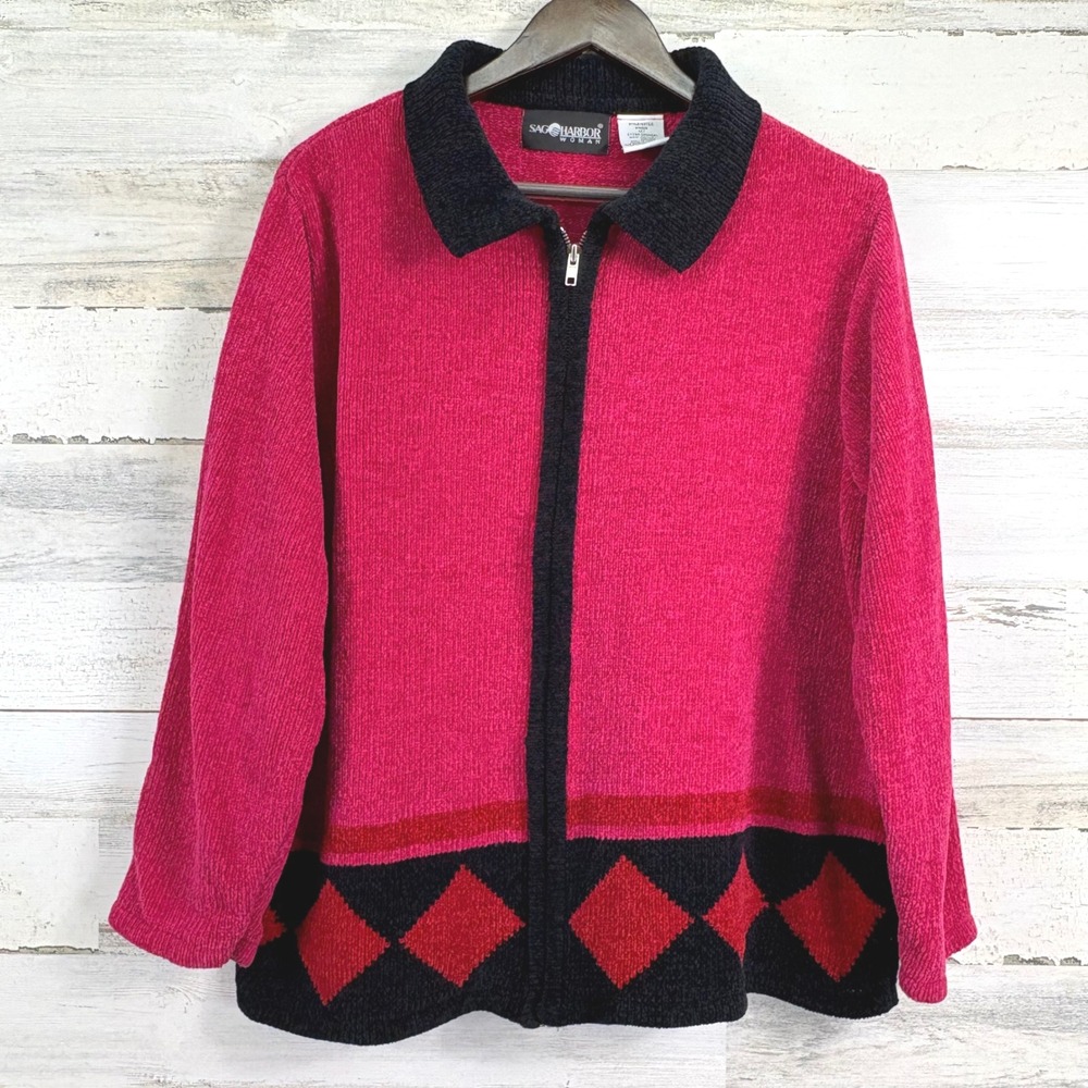 Sag Harbor Woman 1X Hot Pink‎ Black Full Zip Front Velour Cardigan Sweater
